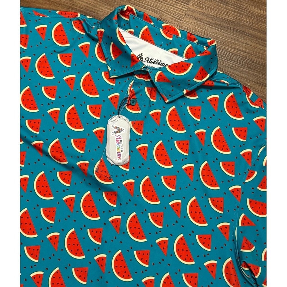Royal & Awesome Mens Watermelon AOP Print Performance Golf Polo Shirt Teal Sz XL